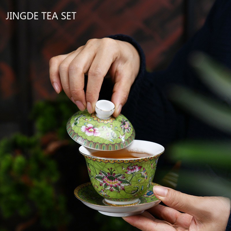 Ķīniešu keramika Sancai Gaiwan izsmalcināta emaljas krāsas tējas bļoda Tradicionālās tējas servīzes piederumi ar vāku tējtasīti Mājas tējas automāts