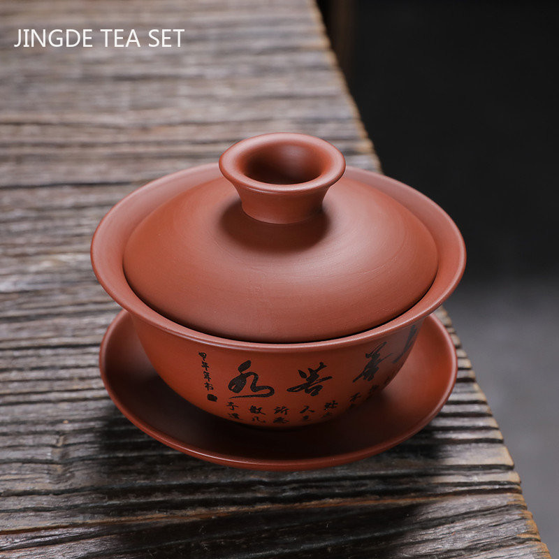 140 ml ķīniešu stila purpura māla Gaiwan ar vāku tējas krūze, mājsaimniecības rokām gatavota tējas infūzija Pielāgojiet tējas traukus pārnēsājamas tējas krūzes