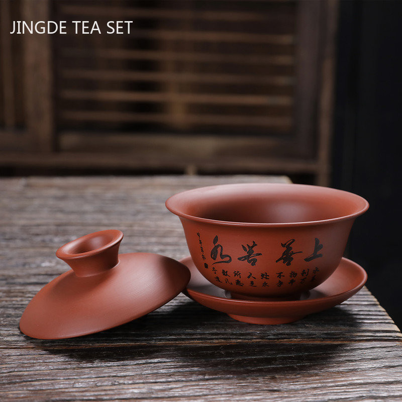 140 ml ķīniešu stila purpura māla Gaiwan ar vāku tējas krūze, mājsaimniecības rokām gatavota tējas infūzija Pielāgojiet tējas traukus pārnēsājamas tējas krūzes