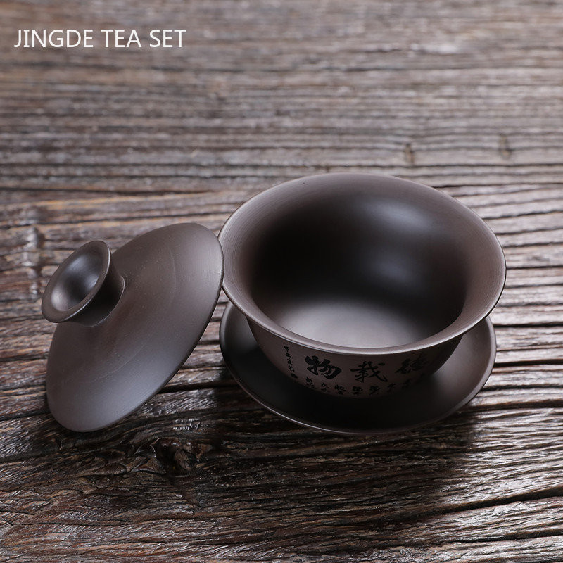 140 ml ķīniešu stila purpura māla Gaiwan ar vāku tējas krūze, mājsaimniecības rokām gatavota tējas infūzija Pielāgojiet tējas traukus pārnēsājamas tējas krūzes