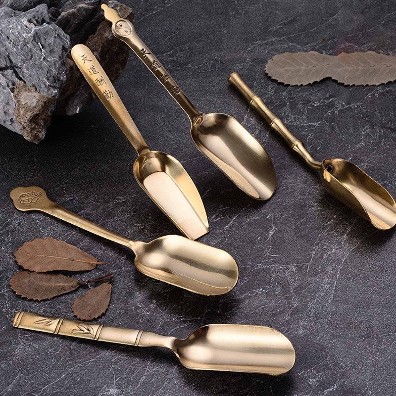 Tea kellékek Kínai Kung Fu Retro stílusú sárgaréz teáskanál Hordozható finom kanalak sárgaréz anyagú teáskanál 5 stílus