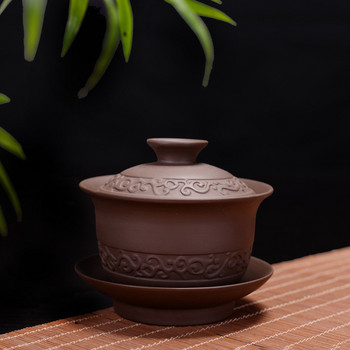 Μωβ πήλινη σουπιέρα τσαγιού Gaiwan Κινεζικό κεραμικό σετ τσαγιού καλυμμένο μπολ με καπάκι πιατάκι για φλιτζάνι China cup bowls Ποτά