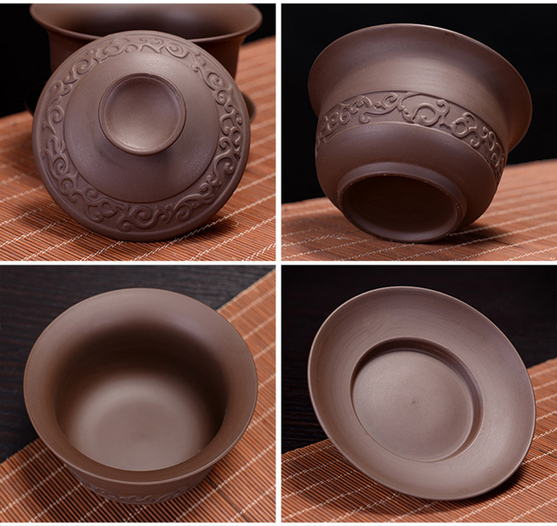 Pahar de ceai din lut violet Gaiwan Set boluri de ceai din ceramica chinezeasca castron acoperit cu capac farfurie pentru pahare castroane din China.