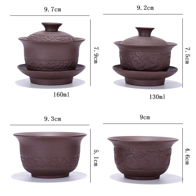 Pahar de ceai din lut violet Gaiwan Set boluri de ceai din ceramica chinezeasca castron acoperit cu capac farfurie pentru pahare castroane din China.
