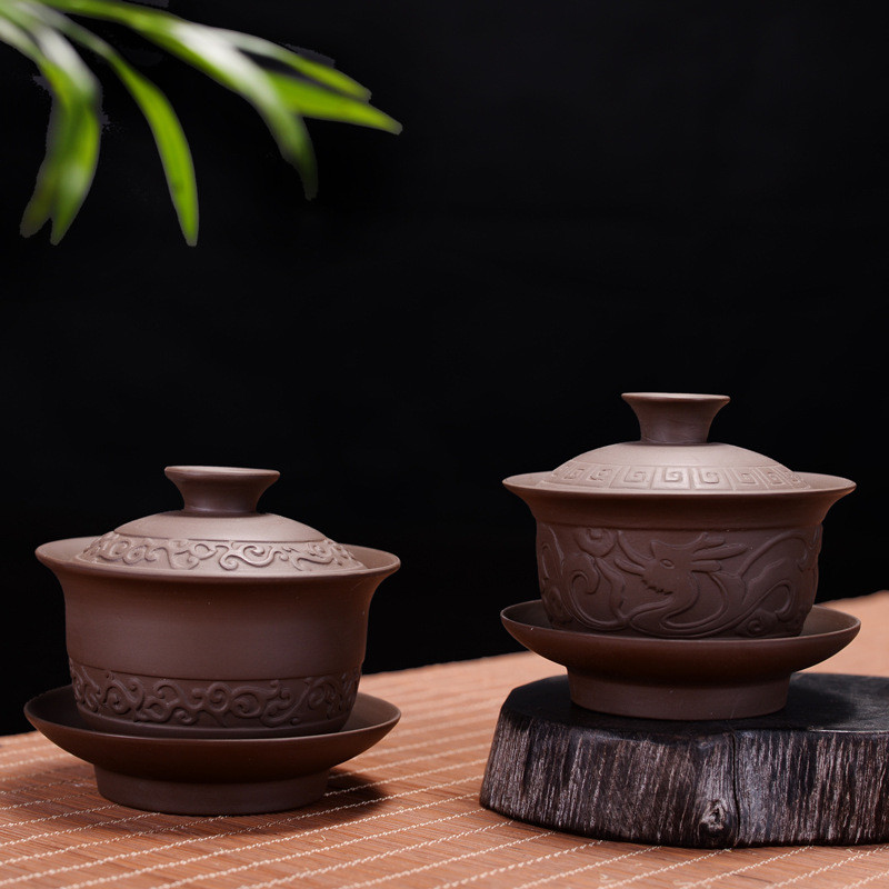 Pahar de ceai din lut violet Gaiwan Set boluri de ceai din ceramica chinezeasca castron acoperit cu capac farfurie pentru pahare castroane din China.