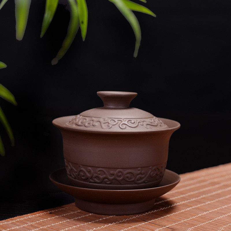 Pahar de ceai din lut violet Gaiwan Set boluri de ceai din ceramica chinezeasca castron acoperit cu capac farfurie pentru pahare castroane din China.