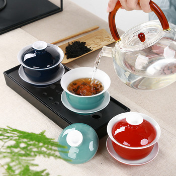 Керамична чаша с супник за чай с индигова глазура, комплект порцеланова тенджера за чай със син гайван, чайник за пътуване, ръчно рисувана купа с червен капак, сервиз за чай 150 ml