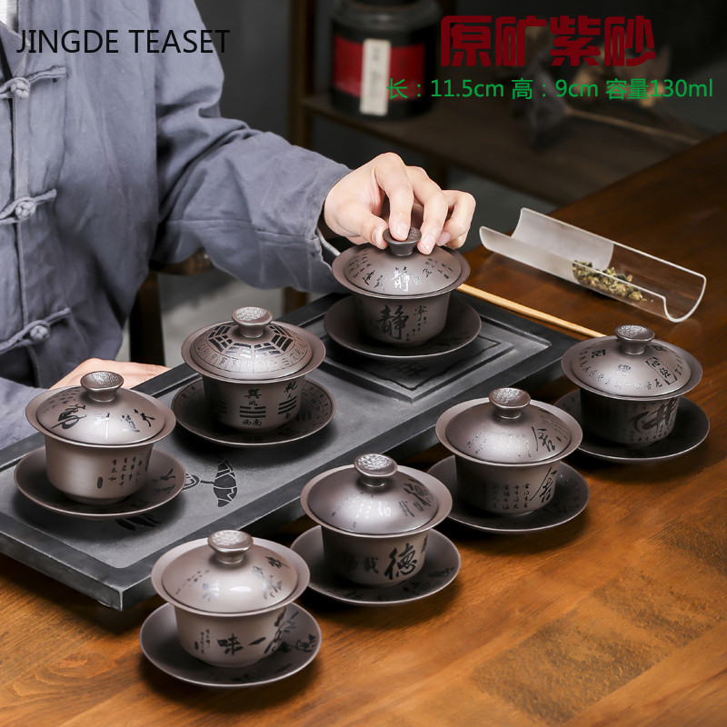 Yixing Purple Clay Gaiwan, rokām apgleznota tējas krūze, rokām darināta keramika.