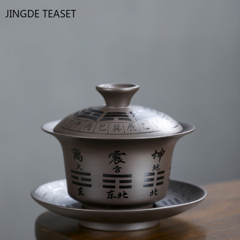 Yixing Purple Clay Gaiwan, rokām apgleznota tējas krūze, rokām darināta keramika.