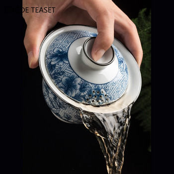 Ръчно изработена керамична чаша за чай Gaiwan Ръчно рисувани флорални мотиви Китайски супник за чай Чаена посуда Направете чай Персонална единична чаша 170 ml
