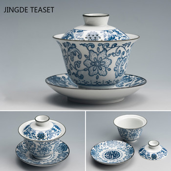 Ръчно изработена керамична чаша за чай Gaiwan Ръчно рисувани флорални мотиви Китайски супник за чай Чаена посуда Направете чай Персонална единична чаша 170 ml