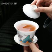 Ķīniešu suet nefrīta balts porcelāns Gaiwan mājas ar rokām darināts tējas krūzes komplekts ar rokām apgleznotas ainavas Tureen personīgās tējas krūzes piederumi