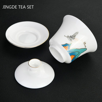 Китайски сует, нефрит, бял порцелан Gaiwan, домашен ръчно изработен комплект чаши за чай, ръчно рисуван пейзаж, супник, персонални принадлежности за чаша за чай