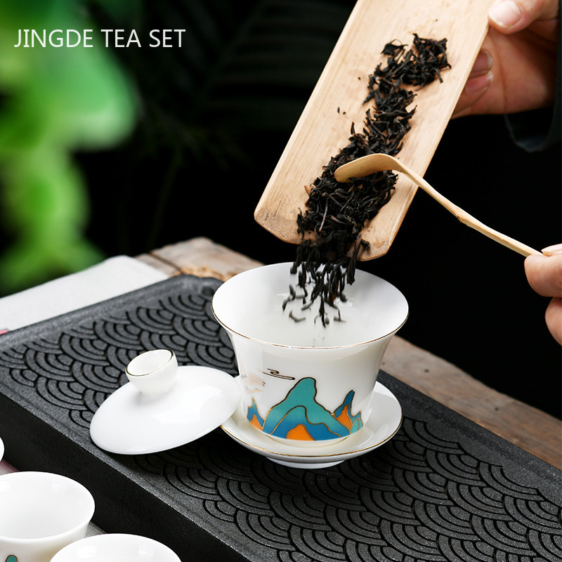 Ķīniešu suet nefrīta balts porcelāns Gaiwan mājas ar rokām darināts tējas krūzes komplekts ar rokām apgleznotas ainavas Tureen personīgās tējas krūzes piederumi
