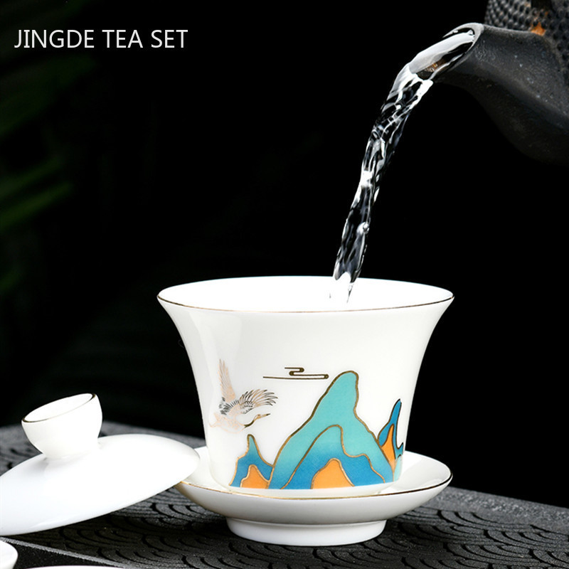 Ķīniešu suet nefrīta balts porcelāns Gaiwan mājas ar rokām darināts tējas krūzes komplekts ar rokām apgleznotas ainavas Tureen personīgās tējas krūzes piederumi