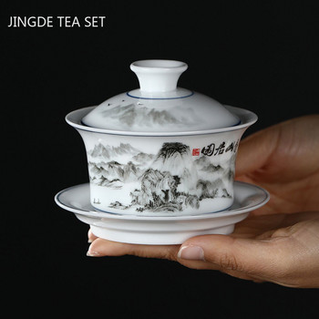 Jingdezhen Ceramics Gaiwan Домашна ръчно изработена супница за чай Бутик с капак Чаша за чай Аксесоари за чаена церемония Лична чаша за чай