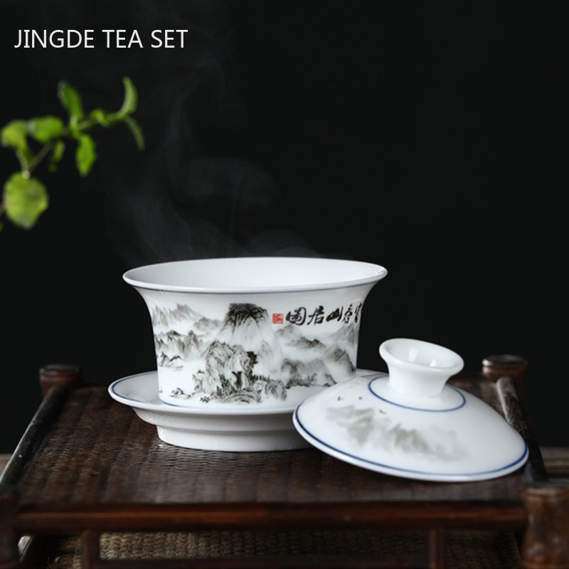 Jingdezhen Ceramics Gaiwan Mājas rokām gatavota tēja Tureen Boutique ar vāku tējas tasei Tējas ceremonijas piederumi Personīgā tējas tase