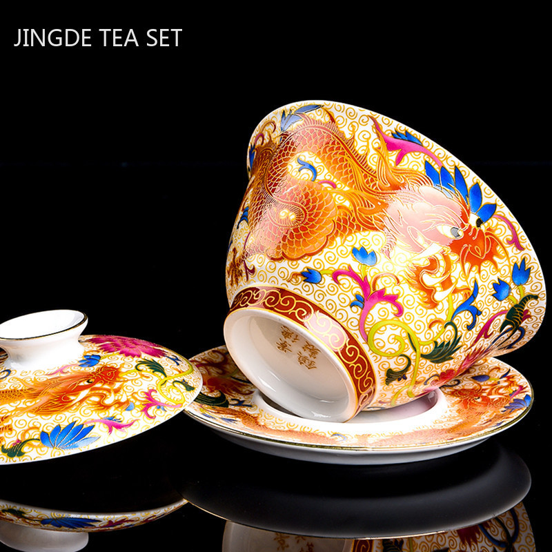 Csodálatos kerámia zománc színű Gaiwan hagyomány, kézzel készített teástál háztartás fedővel teáscsésze teafőző személyre szabott teáskészlet ajándékok