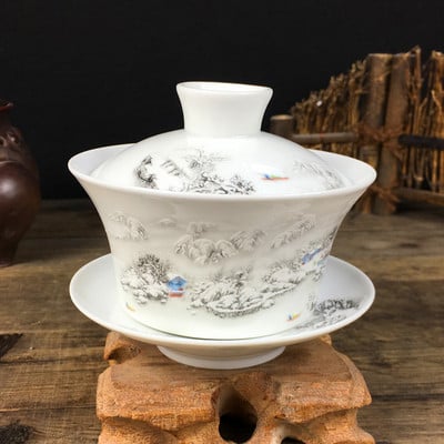 Jingdezhen ceașcă de ceai mare din ceramică Gaiwan, sârbă de ceai lucrată manual, set de ceai chinezesc vintage Accesorii pentru ceremonia ceaiului, 220 ml