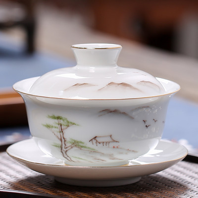 Ķīniešu baltā porcelāna Gaiwan ceļojumu tējas trauks, ar rokām apgleznotas ainavas raksts, keramikas tējas tase mājas tējas trauki, dzērieni, 170 ml