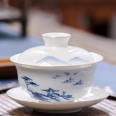 Ķīniešu baltā porcelāna Gaiwan ceļojumu tējas trauks, ar rokām apgleznotas ainavas raksts, keramikas tējas tase mājas tējas trauki, dzērieni, 170 ml