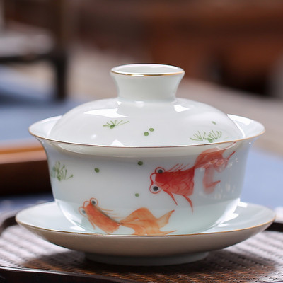 Ķīniešu baltā porcelāna Gaiwan ceļojumu tējas trauks, ar rokām apgleznotas ainavas raksts, keramikas tējas tase mājas tējas trauki, dzērieni, 170 ml