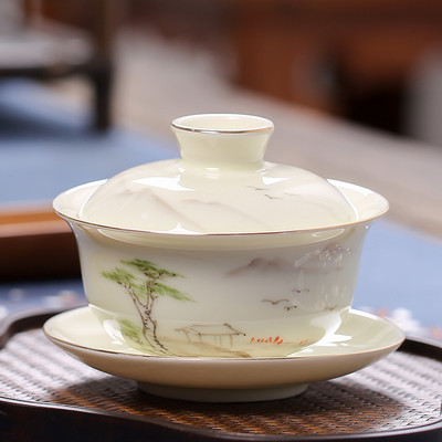 Ķīniešu baltā porcelāna Gaiwan ceļojumu tējas trauks, ar rokām apgleznotas ainavas raksts, keramikas tējas tase mājas tējas trauki, dzērieni, 170 ml