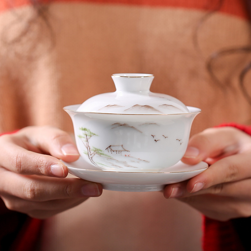 Ķīniešu baltā porcelāna Gaiwan ceļojumu tējas trauks, ar rokām apgleznotas ainavas raksts, keramikas tējas tase mājas tējas trauki, dzērieni, 170 ml