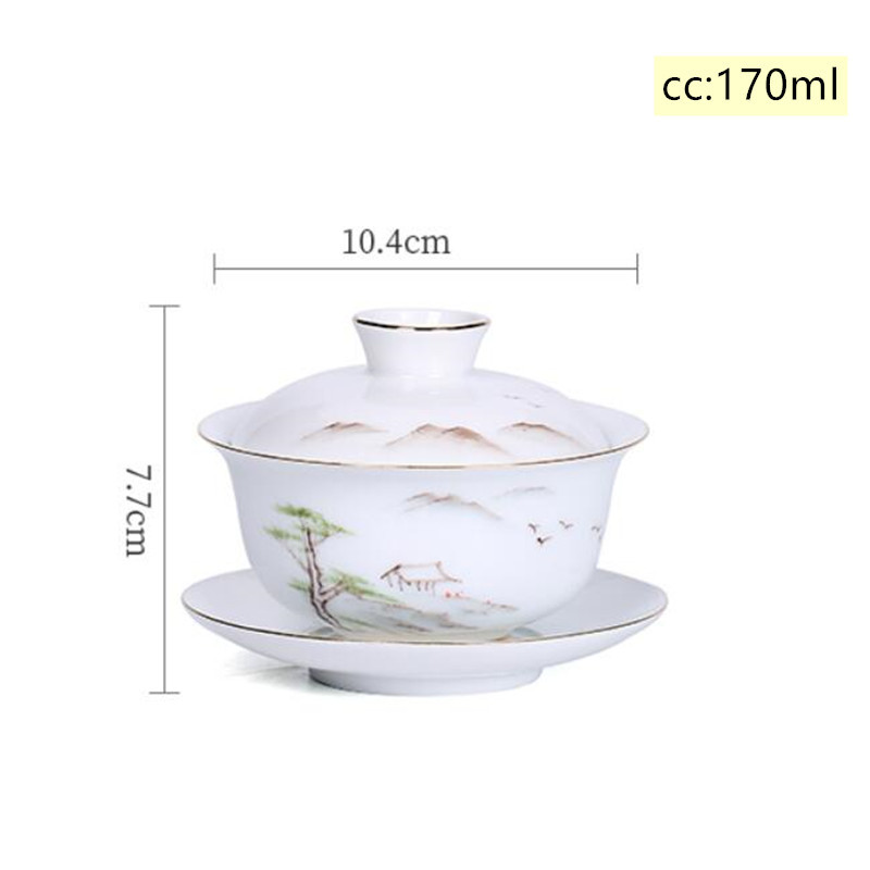 Ķīniešu baltā porcelāna Gaiwan ceļojumu tējas trauks, ar rokām apgleznotas ainavas raksts, keramikas tējas tase mājas tējas trauki, dzērieni, 170 ml