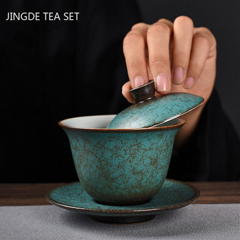 Creative Agate Green Sancai Gaiwan Household Retro Ceramic Tea Bowl Чаша за чай Китайски комплект за чай Индивидуални прибори за чай Чай супник