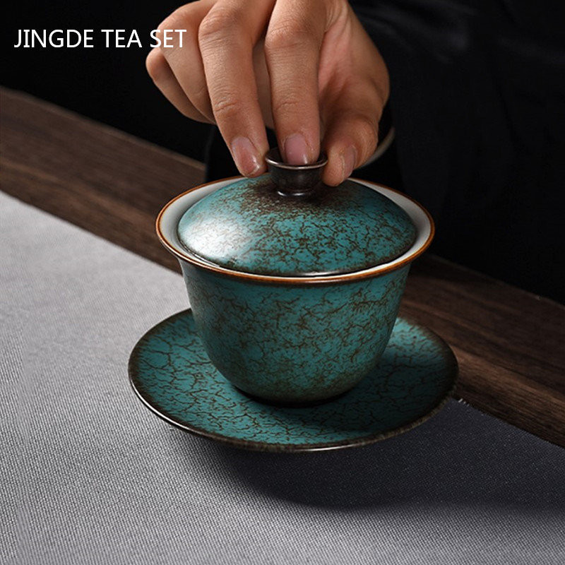 Creative Agate Green Sancai Gaiwan Mājsaimniecības retro keramikas tējas bļoda Tējas tase Ķīniešu tējas komplekts Individuāls tējas trauks Tēja Tureen