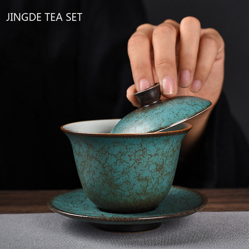 Creative Agate Green Sancai Gaiwan Mājsaimniecības retro keramikas tējas bļoda Tējas tase Ķīniešu tējas komplekts Individuāls tējas trauks Tēja Tureen