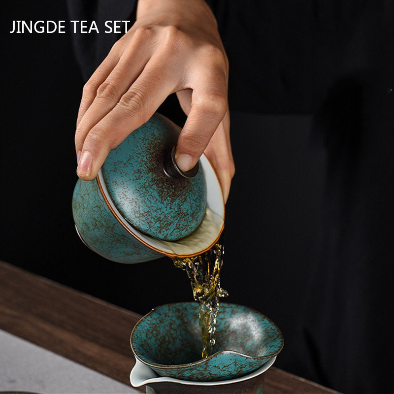 Creative Agate Green Sancai Gaiwan Mājsaimniecības retro keramikas tējas bļoda Tējas tase Ķīniešu tējas komplekts Individuāls tējas trauks Tēja Tureen