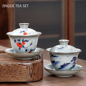 Retro zilā un baltā porcelāna Gaiwan keramika ar vāku tējas krūzes tējas trauks mājsaimniecības rokām gatavots tējas automāts pārnēsājams tējas trauks 190 ml