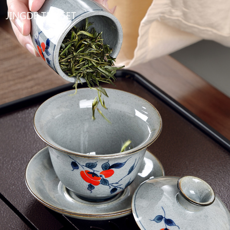 Retro zilā un baltā porcelāna Gaiwan keramika ar vāku tējas krūzes tējas trauks mājsaimniecības rokām gatavots tējas automāts pārnēsājams tējas trauks 190 ml