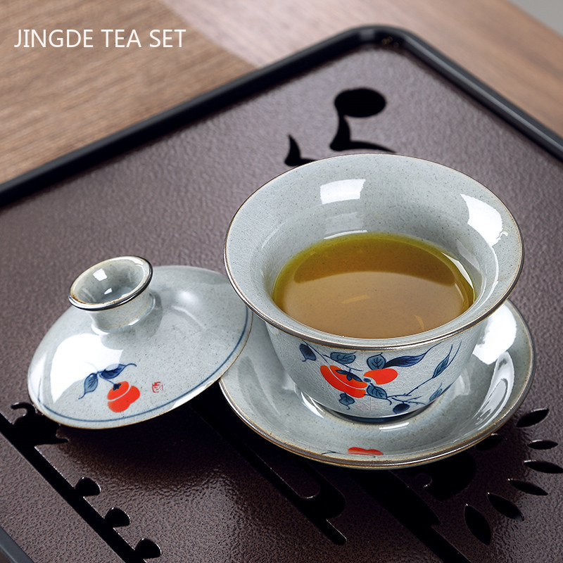 Retro zilā un baltā porcelāna Gaiwan keramika ar vāku tējas krūzes tējas trauks mājsaimniecības rokām gatavots tējas automāts pārnēsājams tējas trauks 190 ml