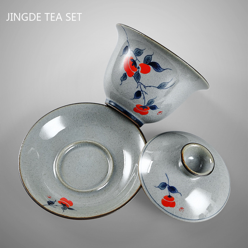 Retro zilā un baltā porcelāna Gaiwan keramika ar vāku tējas krūzes tējas trauks mājsaimniecības rokām gatavots tējas automāts pārnēsājams tējas trauks 190 ml