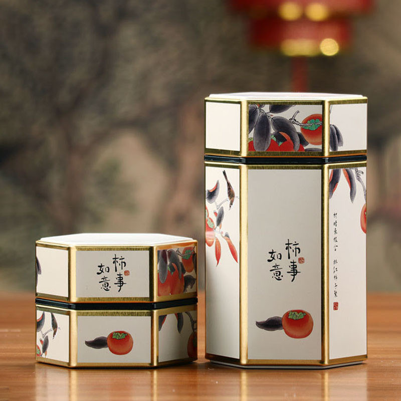 Kuusnurkne suletud teepurk plekk-teekoristaja Perekonna tee säilituskonteiner Kohvi, tee ja suhkru hoiunõud