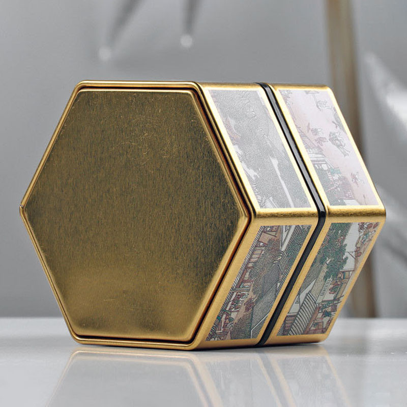 Kuusnurkne suletud teepurk plekk-teekoristaja Perekonna tee säilituskonteiner Kohvi, tee ja suhkru hoiunõud