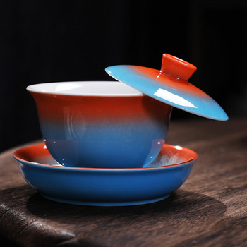 Σετ τσαγιού Kung Fu Tea Tureen Gradient Glaze Κάλυμμα Μπολ Σούπα με Καπάκι Μπολ Lotus Χέρι Σχέδιο Πηλός Gaiwan Jingdezhen Κύπελλο πορσελάνης