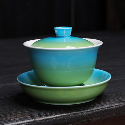 Kung Fu tējas komplekts tējas Tureen gradient glazūras pārklājuma bļodas zupa ar vāku Bļoda Lotosa roku zīmēšanas māla Gaiwan Jingdezhen porcelāna kauss
