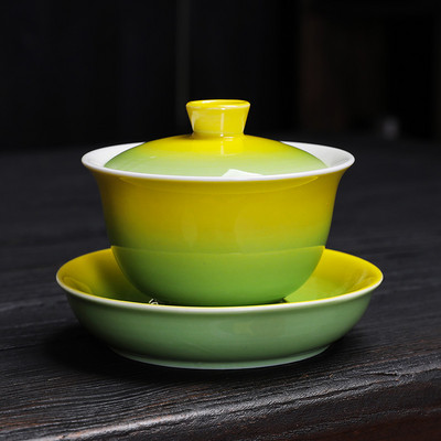 Kung Fu tējas komplekts tējas Tureen gradient glazūras pārklājuma bļodas zupa ar vāku Bļoda Lotosa roku zīmēšanas māla Gaiwan Jingdezhen porcelāna kauss