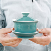 Indigo glazūra keramikas tēja Tureen tase porcelāna Gaiwan Blue Tibetas bļodas zupa ar vāku Bļoda Lotosa roku zīmējums Shen Puer Gai Wan
