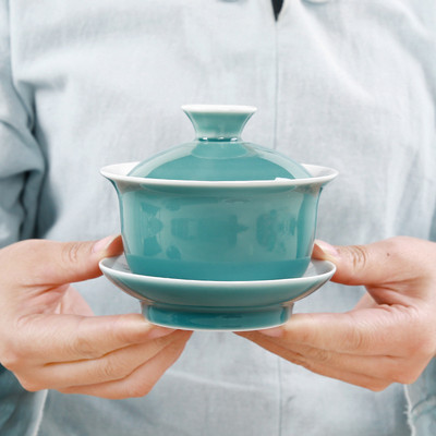 Indigo glazūra Keraminė arbata Tureen puodelis Porcelianinis Gaiwan Blue Tibeto dubens sriuba su dangteliu dubuo Lotoso rankų piešinys Shen Puer Gai Wan