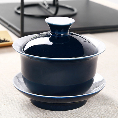 Indigo glazūra keramikas tēja Tureen tase porcelāna Gaiwan Blue Tibetas bļodas zupa ar vāku Bļoda Lotosa roku zīmējums Shen Puer Gai Wan
