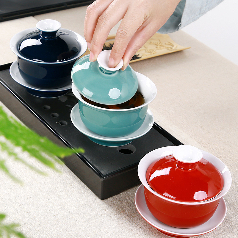 Indigo glazūra keramikas tēja Tureen tase porcelāna Gaiwan Blue Tibetas bļodas zupa ar vāku Bļoda Lotosa roku zīmējums Shen Puer Gai Wan