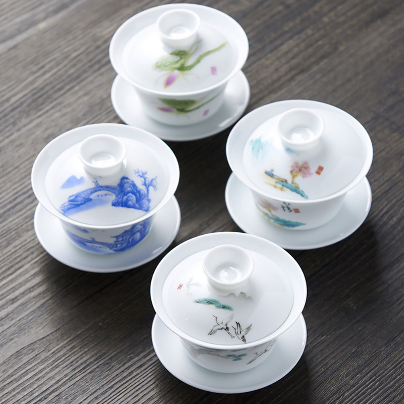 Kézzel rajzolt fehér kínai Gaiwan datolyaszilva porcelán tureen Gai Wan teástál Jingdezhen Gaiwan és csésze bögre teáscsészék kínai puer