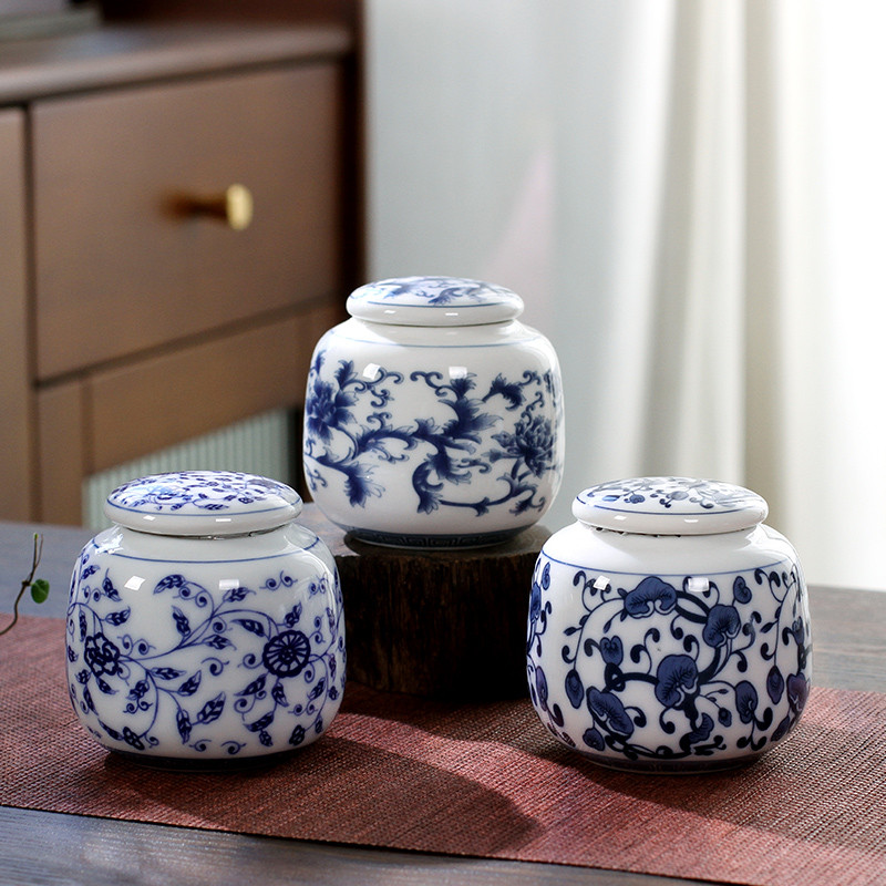 Kínai kék-fehér porcelán kerámia Tea Caddy Tieguanyin lezárt tárolóedények Utazó teászacskó tároló doboz Kávés kanna