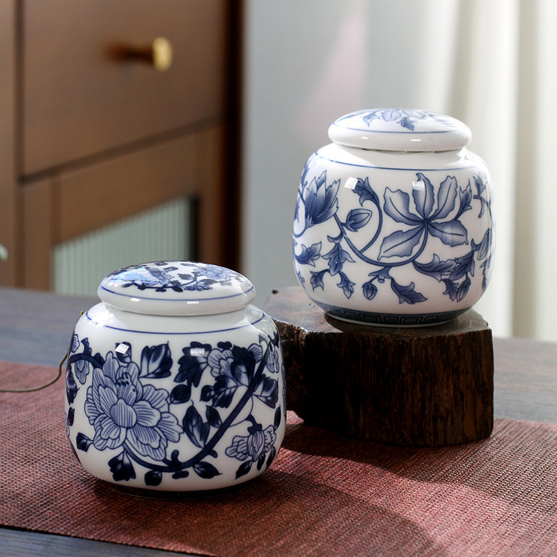 Kínai kék-fehér porcelán kerámia Tea Caddy Tieguanyin lezárt tárolóedények Utazó teászacskó tároló doboz Kávés kanna