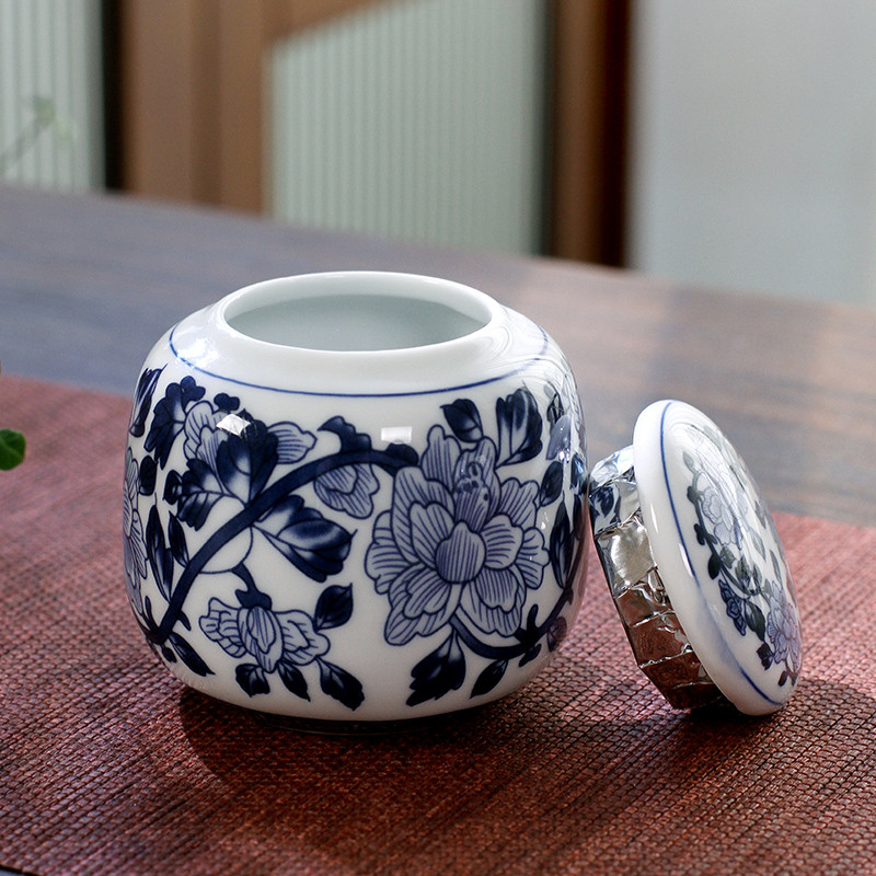 Kínai kék-fehér porcelán kerámia Tea Caddy Tieguanyin lezárt tárolóedények Utazó teászacskó tároló doboz Kávés kanna